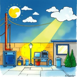 A bright outdoor utility space featuring equipment for monitoring energy usage.