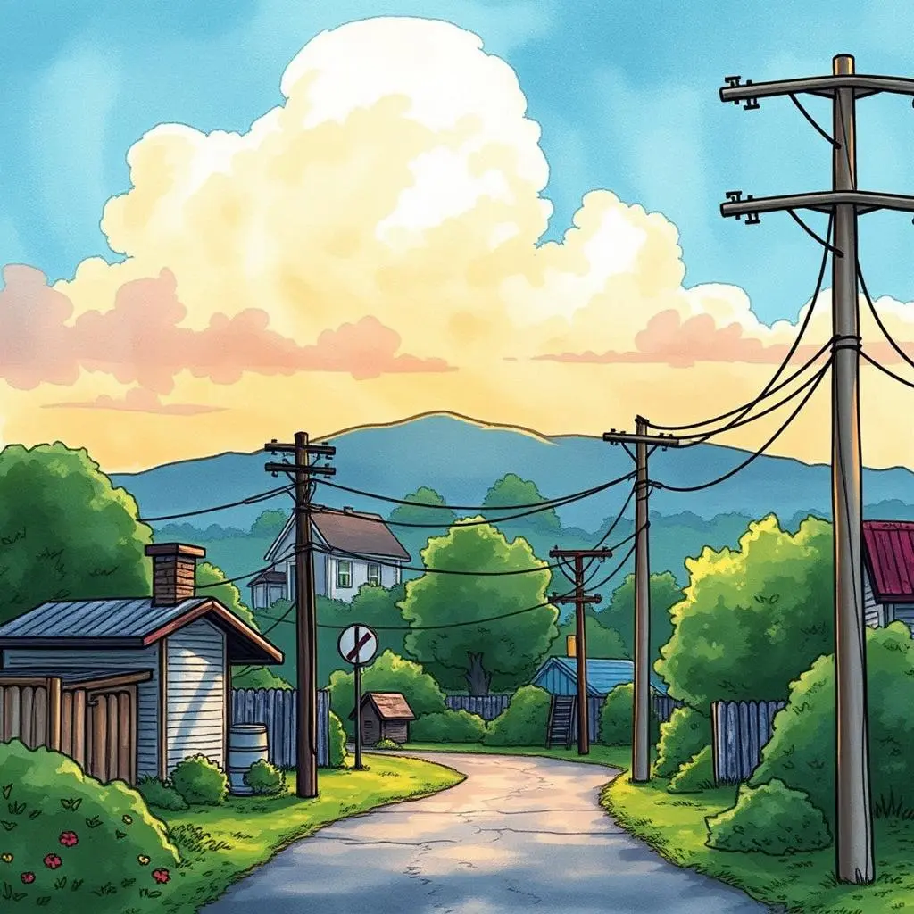 Utility outage identifier: Recognize signs of utility outages and issues 1 Electric utility poles line a scenic neighborhood road under a picturesque sky at sunset.