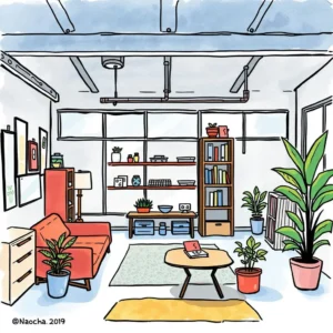 Cozy office space with furniture and plants, ideal for facilities utilization analysis.