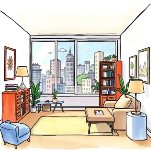 Modern office space with city skyline view and optimal furniture arrangement.