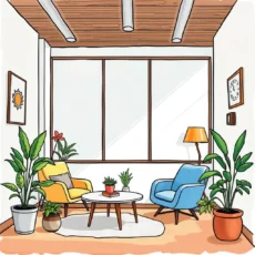 Cozy office space featuring yellow and blue chairs, plants, and a central coffee table for analysis activities
