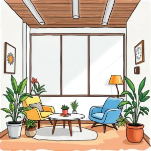 Room utilization reporter: Generate reports on room usage data 6 Cozy office space featuring yellow and blue chairs, plants, and a central coffee table for analysis activities