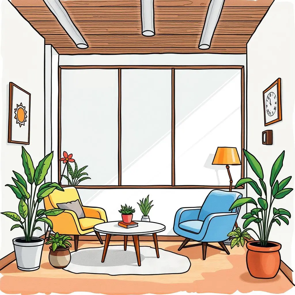 Room utilization reporter: Generate reports on room usage data 1 Cozy office space featuring yellow and blue chairs, plants, and a central coffee table for analysis activities