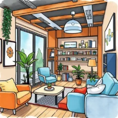 Cozy modern office space with colorful seating, plants, and a bookshelf for space planning analysis.