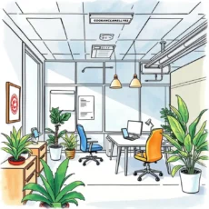 A modern office space featuring plants, a desk setup, and vibrant chairs promoting workspace effectiveness