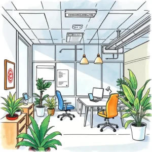 Workplace metrics collector: Compile metrics on workspace effectiveness 2 A modern office space featuring plants, a desk setup, and vibrant chairs promoting workspace effectiveness