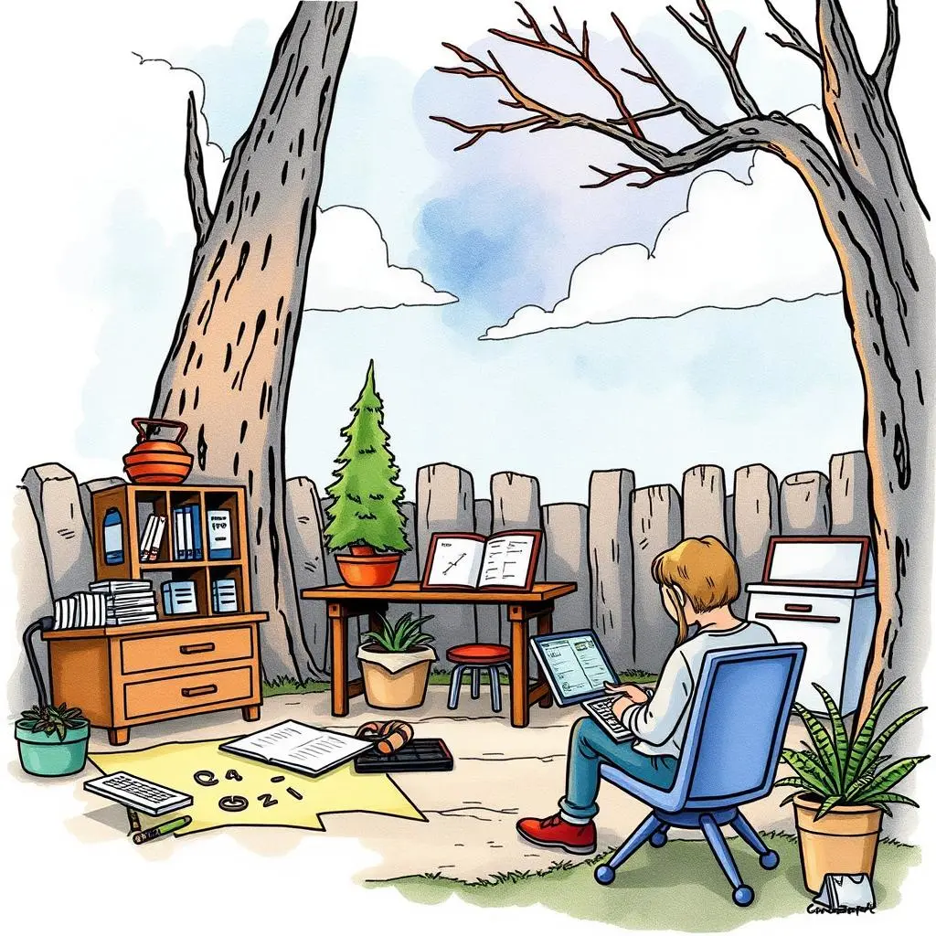Test risk assessor: Evaluate risks associated with test scenarios 1 A person using a laptop in a serene outdoor workspace surrounded by trees and plants.