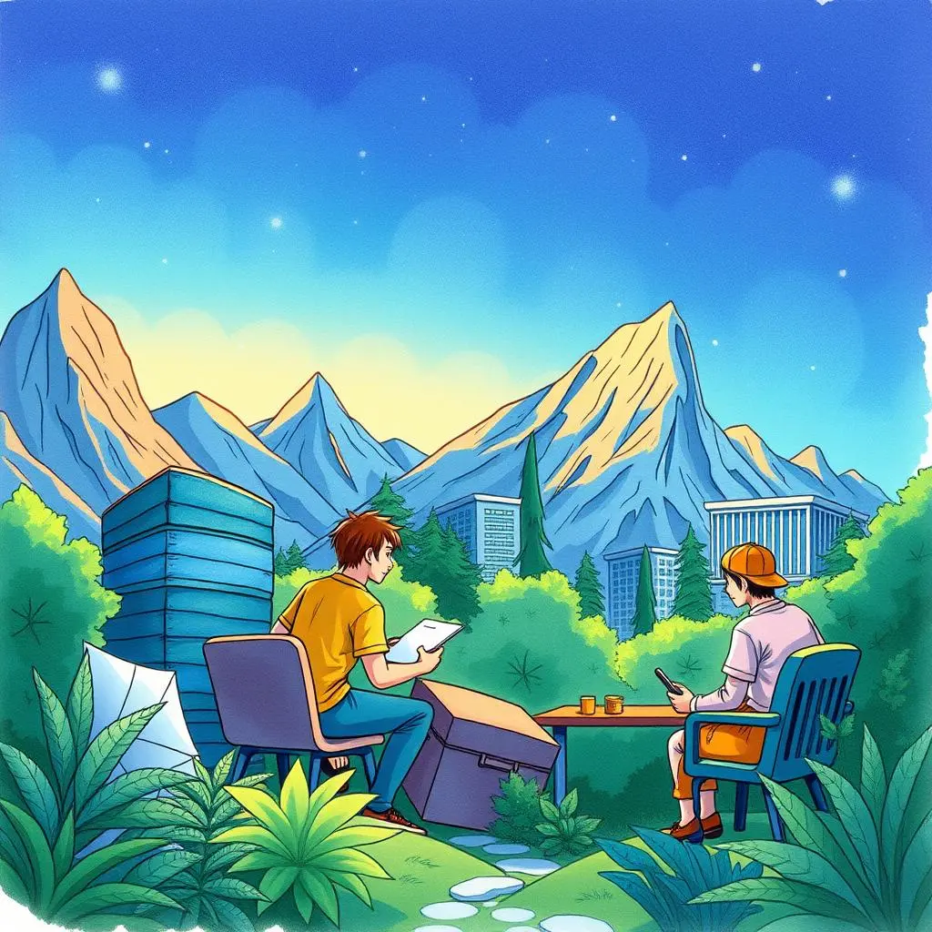 Dcf summary generator: Create concise DCF summary reports 1 Two analysts discuss financial reports in a serene outdoor setting.