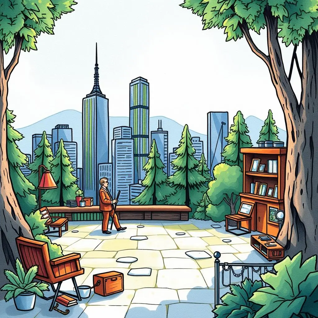 A professional in a suit stands in a serene outdoor setting with a city skyline backdrop.