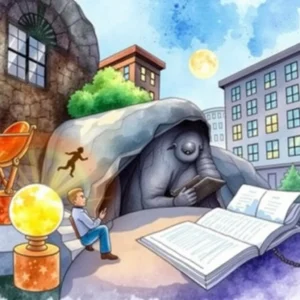 A young boy interacts with an elephant reading a book, symbolizing knowledge and discovery in finance.