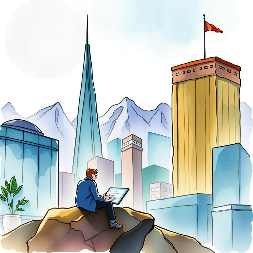 A person analyzes asset valuation data using a laptop in a modern cityscape.