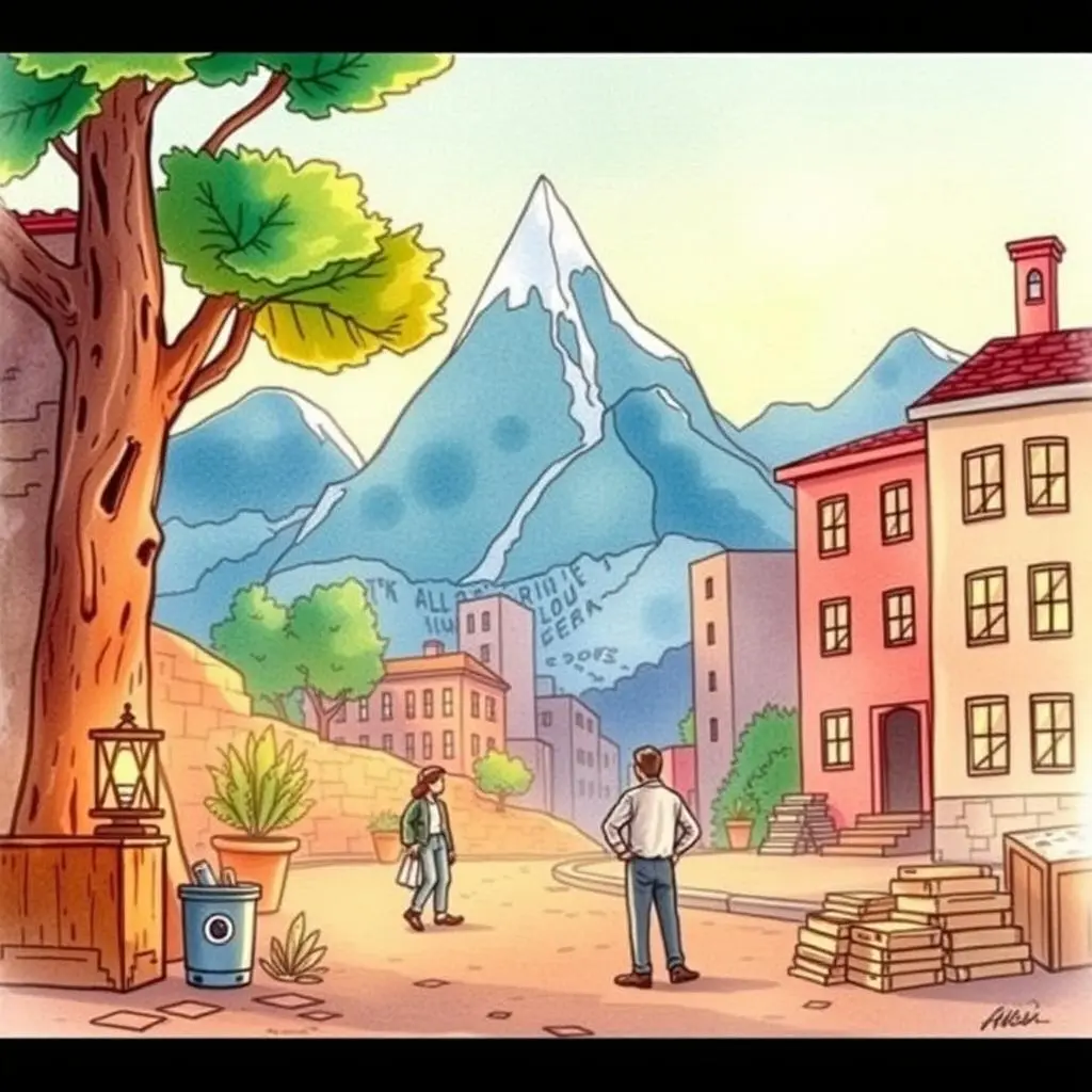 Asset valuation summarizer: Generate concise asset valuation reports 1 A serene street scene with two figures contemplating the distant mountains, representing asset valuation journeys