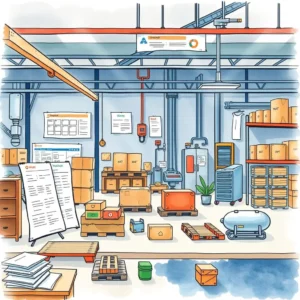 Performance Review Generator tool in a manufacturing setting with organized boxes and workstations