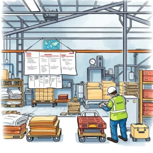 Warehouse scene showing a worker evaluating production progress using a clipboard.
