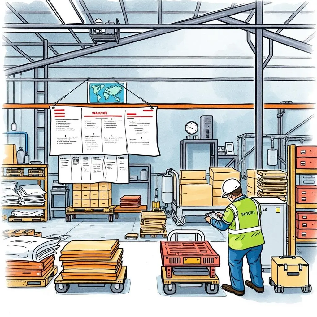 Production progress evaluator: Assess and report on production advancements 1 Warehouse scene showing a worker evaluating production progress using a clipboard.