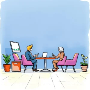 Management review synthesizer: Distill key points from management discussions 4 A man and woman engaged in a discussion using digital devices in a modern office setting.