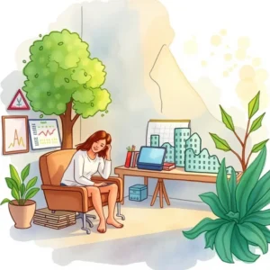 A woman analyzes budget data in a finance office with charts and plants around her.