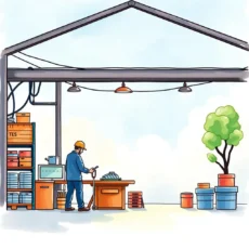 Worker reviewing vendor performance in a organized warehouse setting.