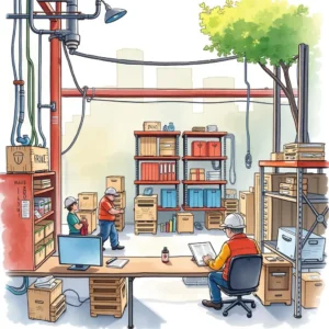 Workers assessing vendor contracts in a well-organized warehouse setting.