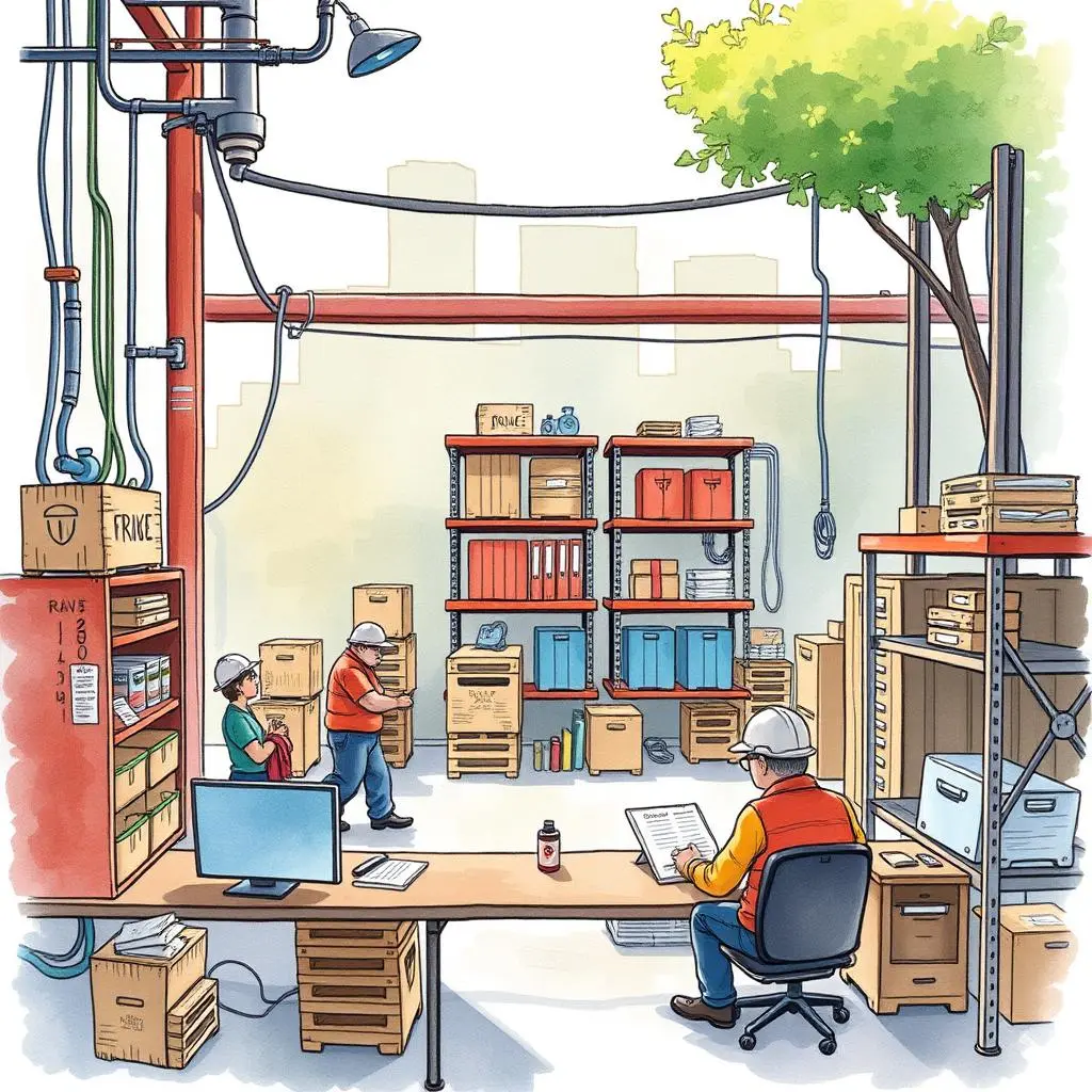 Risk assessment generator: Analyze risks associated with vendor contracts 1 Workers assessing vendor contracts in a well-organized warehouse setting.
