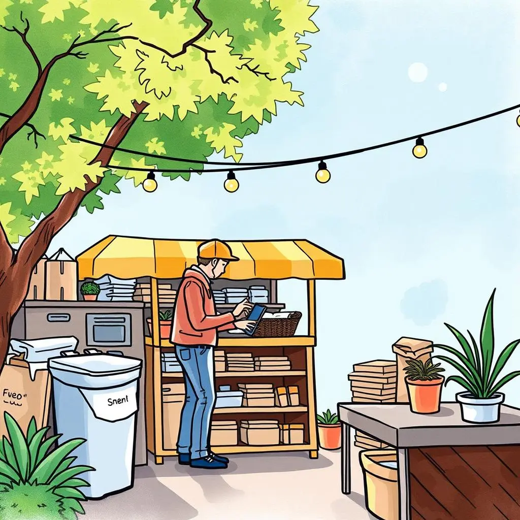 Schedule notifier: Send alerts for upcoming vendor appointments 1 A person checking a clipboard at a vendor stand outdoors with plants and lighting around