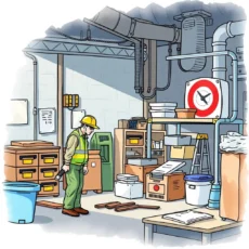 A worker assesses a cluttered utility room while holding a flashlight, focused on organization and evaluation.
