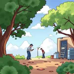 A person using a device to allocate maintenance tasks outdoors near a storage shed.