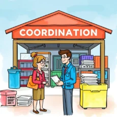 A friendly exchange between two professionals in a coordination setting near storage bins and supplies.
