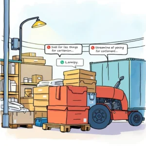Illustration of a warehouse with boxes and a tractor, highlighting vendor communication.