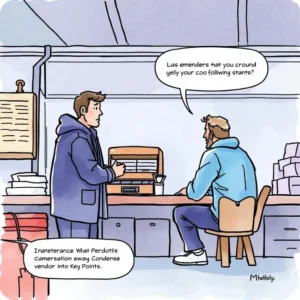 Vendor interaction summarizer: Condense vendor conversations into key points 3 Two men discussing vendor coordination in a professional setting.