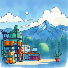 A person managing vendor documentation at a workstation with mountains in the background