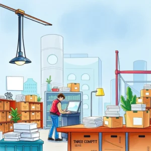 A vendor documentation specialist reviews files in a busy warehouse setting.