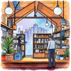 A person using a digital device in a modern storage space while another observes stock shelves.