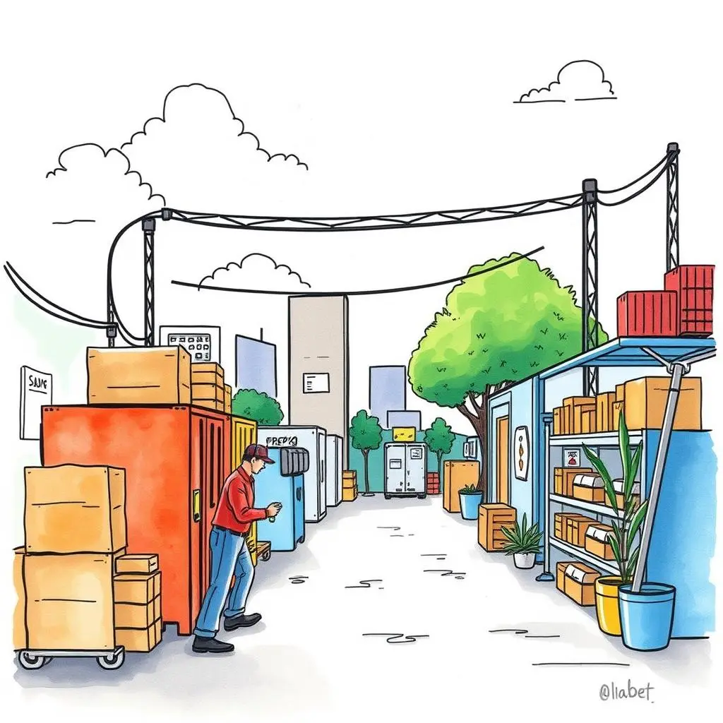 Vendor comparison generator: Compare multiple vendors' data side by side 1 A busy warehouse scene featuring a worker comparing vendor data amidst storage containers and shelves.