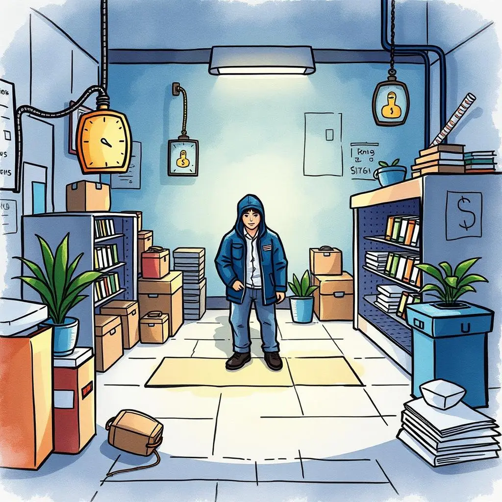 Vendor cost breakdown tool: Break down expenses into detailed categories 1 A person stands in a resource room surrounded by boxes, books, and plants, symbolizing vendor management.