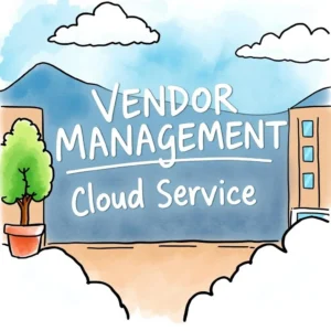 Vendor Evaluation Text Processor illustration with 'Vendor Management' and 'Cloud Service' text in a vibrant setting