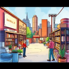 Two professionals discussing vendor evaluation in a vibrant marketplace setting.