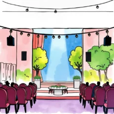 Colorful venue illustration for budget comparison tool webpage.