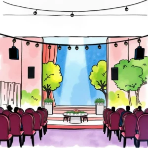 Colorful venue illustration for budget comparison tool webpage.