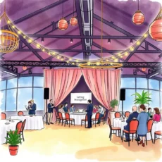 Illustration of a vibrant event venue setup for gatherings and meetings.