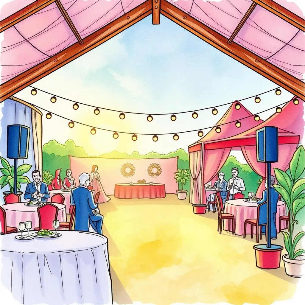 Venue budget advisor: Suggest budget-friendly venue choices 1 Colorful event venue setting showcasing budget-friendly options for gatherings.