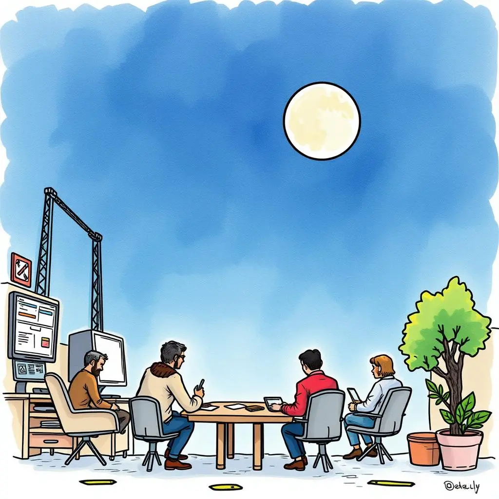 Stakeholder consensus evaluator: Analyze and express consensus among stakeholders 1 Team collaborating under a full moon to evaluate stakeholder consensus.