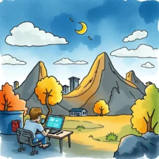 Person analyzing stakeholder feedback on a computer in a serene landscape.