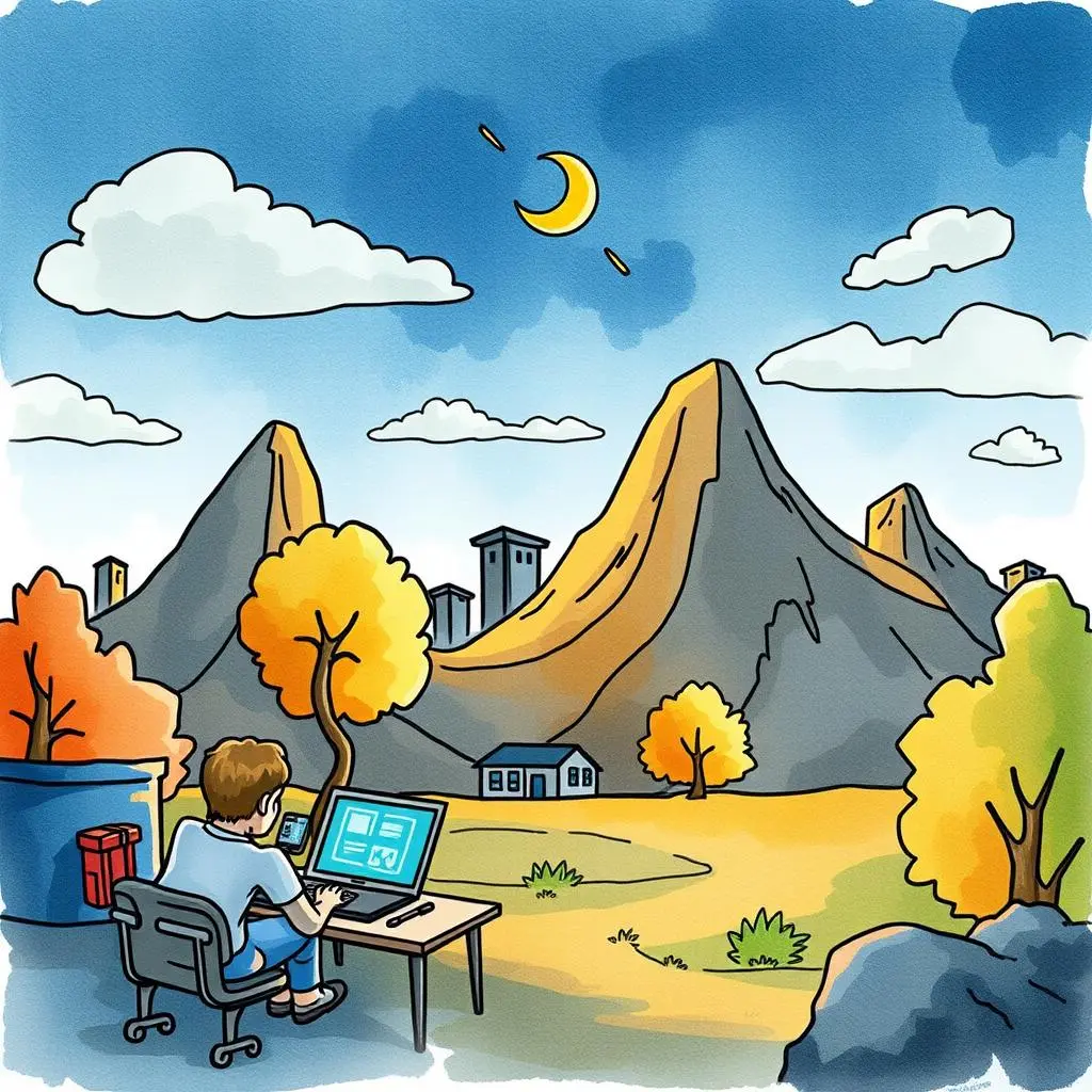 Stakeholder feedback analyzer: Summarize stakeholder comments effectively 1 Person analyzing stakeholder feedback on a computer in a serene landscape.