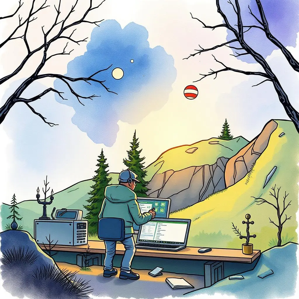 Traceability report builder: Produce detailed traceability reports efficiently 1 Engineer creating traceability reports in a serene outdoor setting.