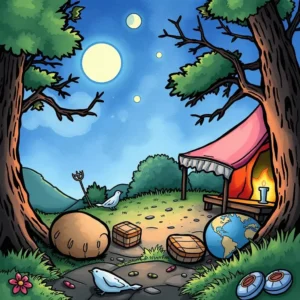 Tent and nature scene with a glowing campfire, inviting for outdoor relaxation and teamwork.