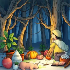 Child observing a whimsical forest scene filled with plants, pumpkins, and a curious pig.