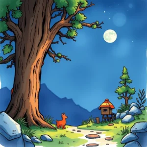 A serene night scene with a tree, a fox, and a small house under a full moon