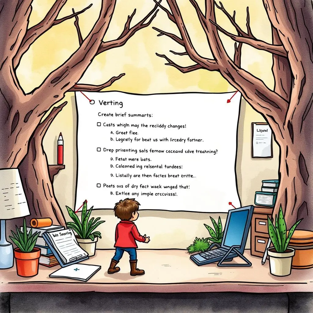 Branch summary generator: Create brief summaries of branch changes 1 A child standing in an office with a whiteboard, examining tasks related to version control and branch management.