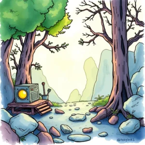 A whimsical illustration of a computer and nature, symbolizing a change log generator tool in IT.